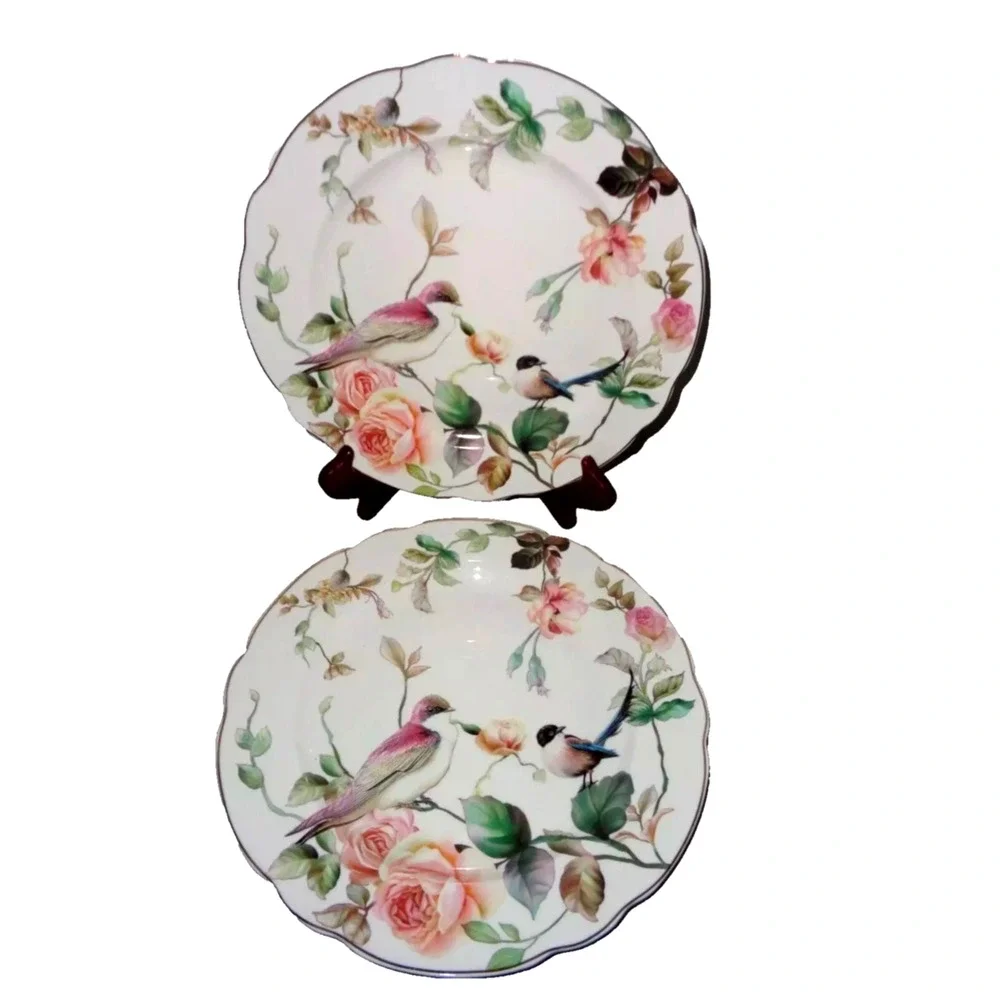 NEW Grace Teaware Floral Birds Porcelain Dinner Plates 11” Set of 4